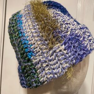 Handmade Crochet Chunky Ribbed Upcycled Multi Fiber Scrappy Yarn Beanie Hat